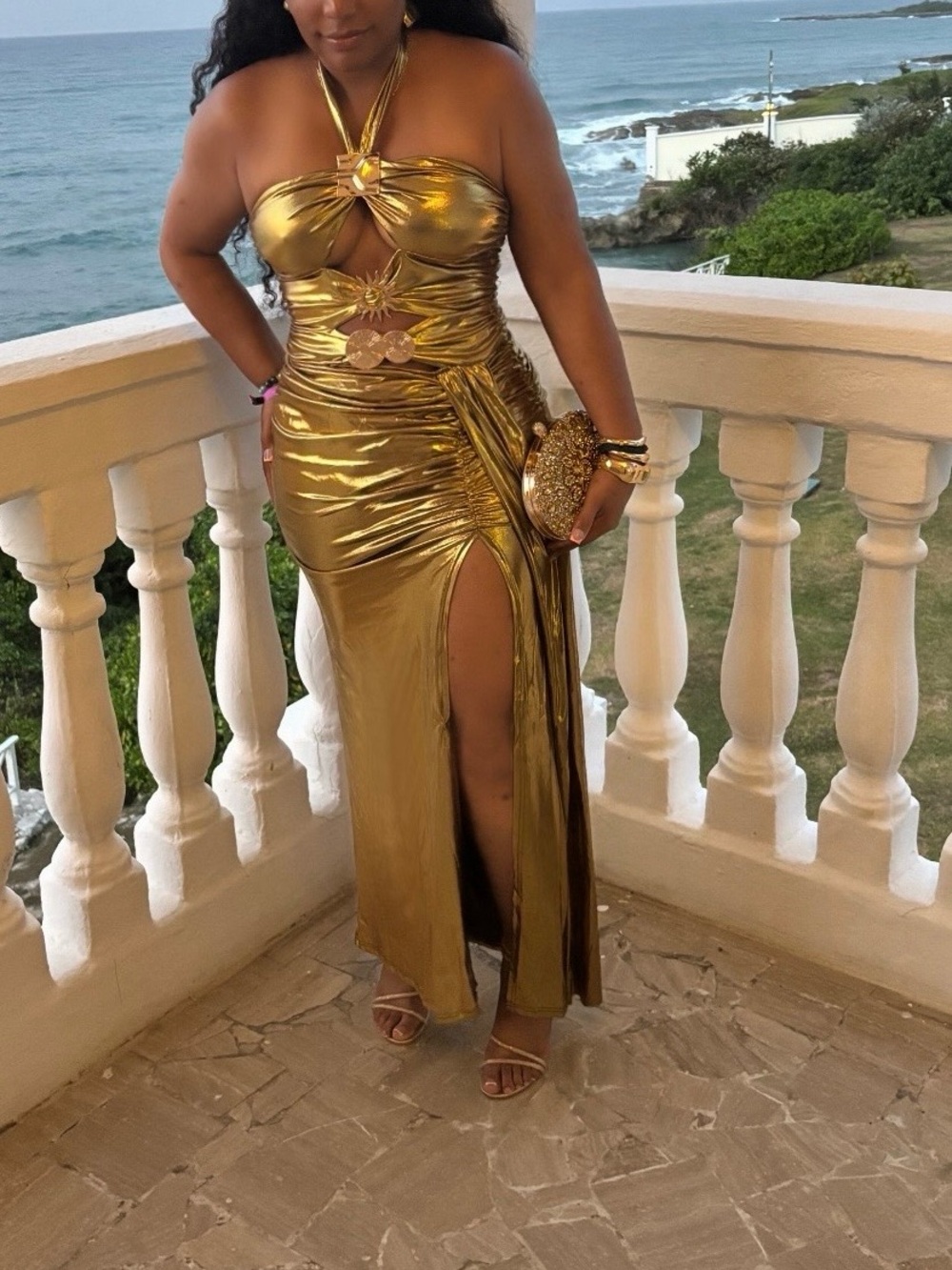 Gold Halter Cutout Evening Gown - Women Dresses